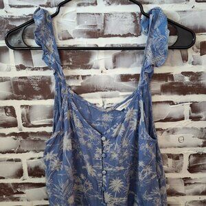 American Eagle Medium Sleeveless Top Light Blue White Tropical Buttons Ruffles